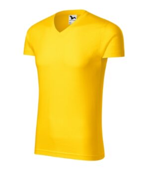 Koszulka męska żółta z haftem Slim Fit V-neck - 146