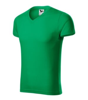 Koszulka męska zieleń trawy z haftem Slim Fit V-neck - 146