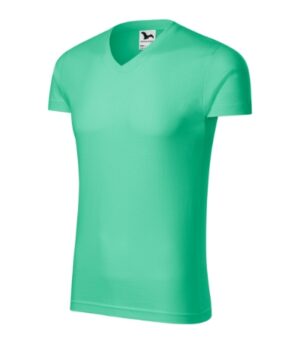 Koszulka męska miętowy z haftem Slim Fit V-neck - 146